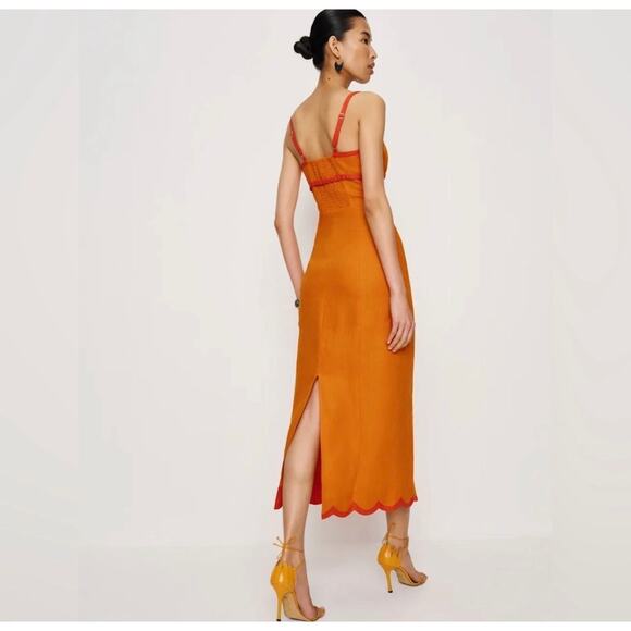 New Reformation Sara Linen Midi Dress Orange Nectarine Pink Sundress 2 Mod - Picture 3 of 13
